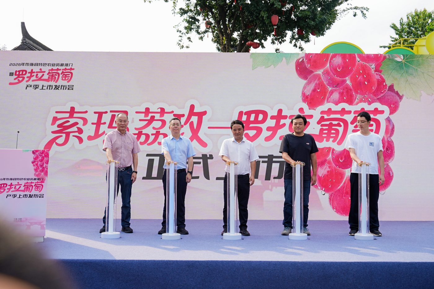 布拖县领导与嘉宾在宽窄巷子发布会现场共同启动索玛荔玫罗拉葡萄品牌正式上市仪式