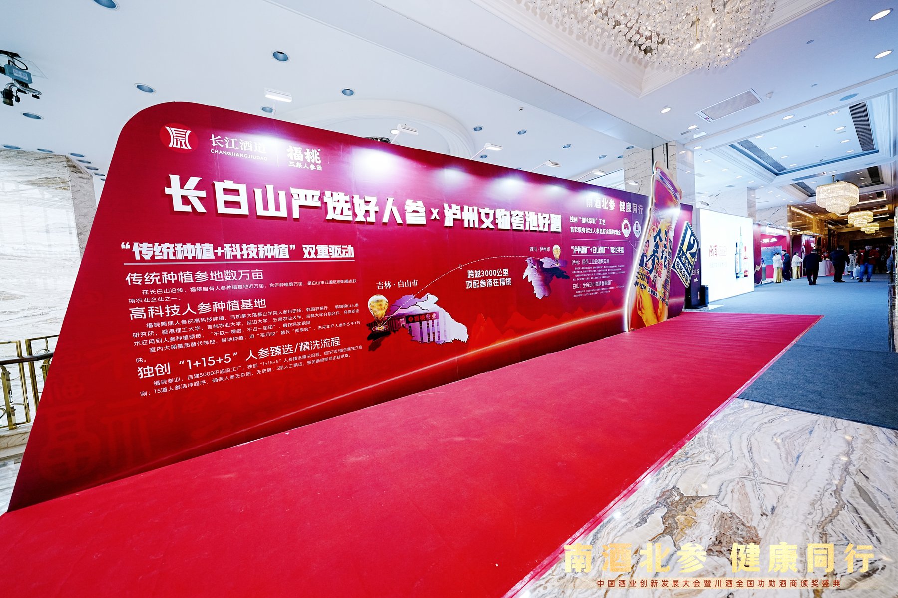 长白山严选好人参×泸州文物窖池主题展区长廊，红毯动线与品牌故事展板